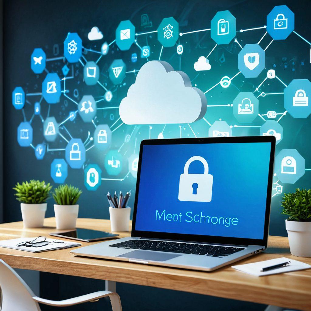 A sleek, modern workspace featuring a laptop with an open file-sharing interface, surrounded by digital security icons like locks and shields. The background should have a soft-focus abstract design representing cloud storage, with arrows indicating fast downloads. Emphasize a sense of professionalism and security with a clean color palette of blues and greens. super-realistic. vibrant colors. 3D.