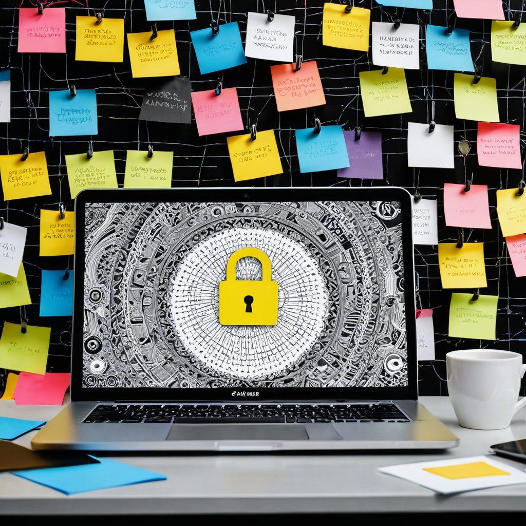 A modern workspace featuring a sleek laptop with a privacy shield, colorful sticky notes with anonymity tips, a padlock symbolizing security, and a coffee cup with encrypted designs. The background should have circuit patterns subtly representing digital privacy. super-realistic. vibrant colors. white background.
